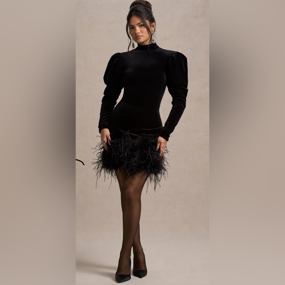 ISSA
BLACK VELVET LONG-SLEEVE MINI DRESS WITH FEATHER TRIM size 6